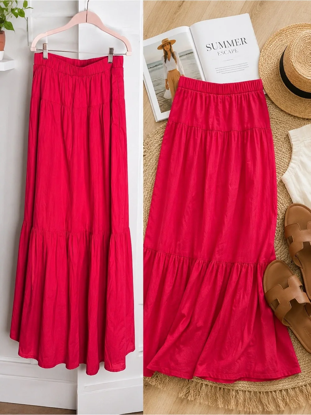 Abercrombie & Fitch Pink Tiered Maxi Skirt Pockets Elastic Waist Large